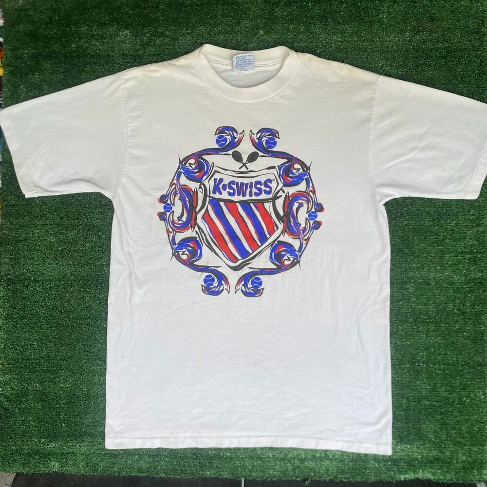 Vintage 90s K-Swiss Shield Logo Tennis T-Shirt Single Stitch White L Preppy
